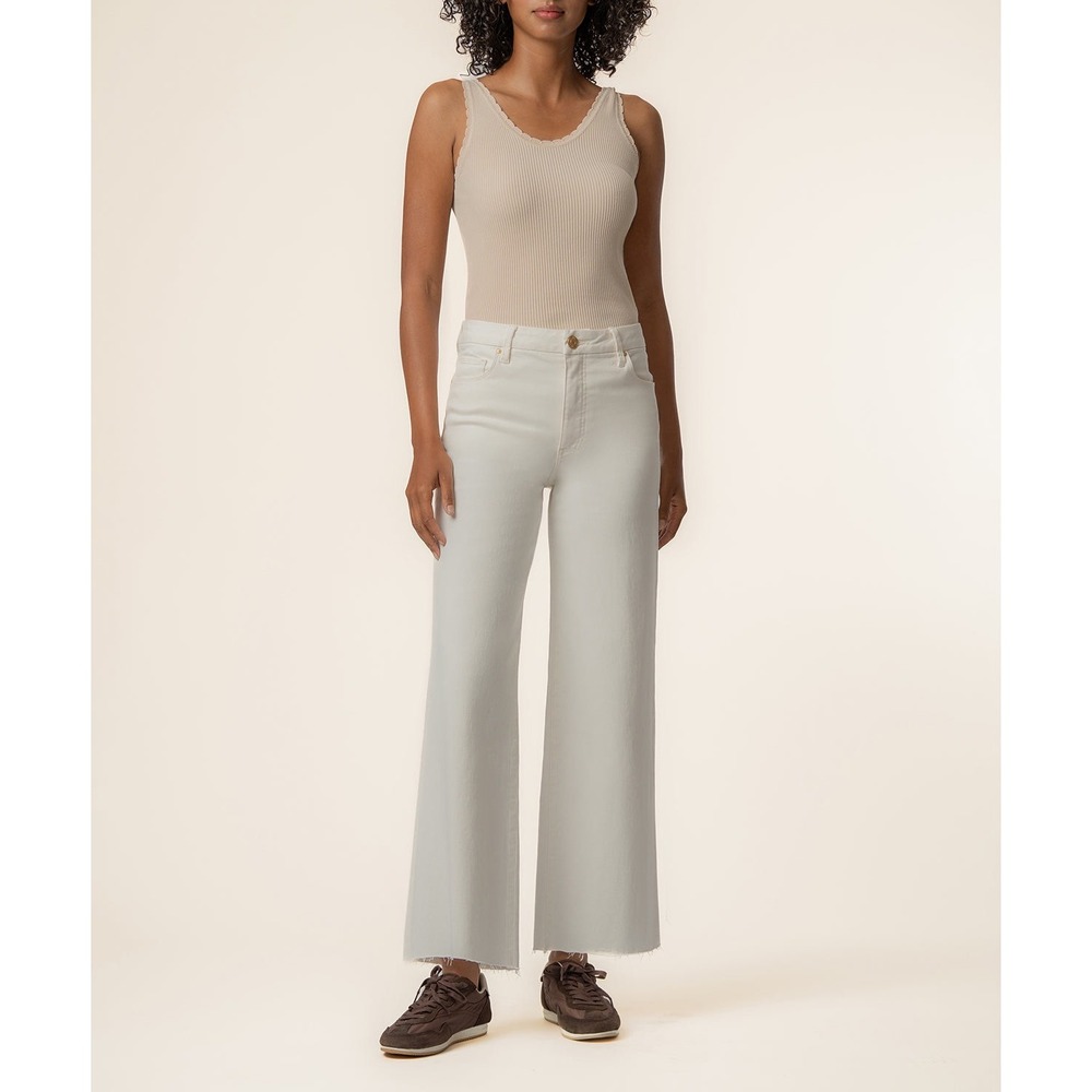 KUT from the Kloth Meg Fab Ab Wide Leg High Rise Raw Hem Beige Jeans Size 2